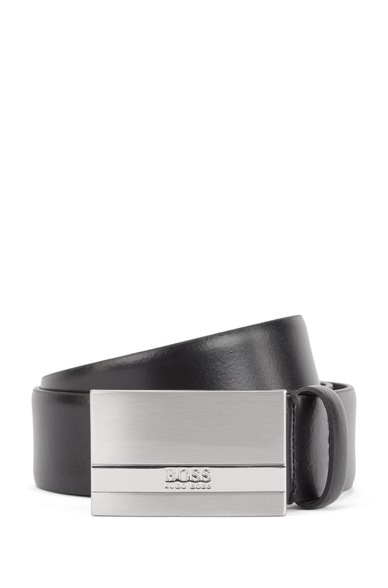 HUGO BOSS ITALIAN-LEATHER BELT WITH LOGO-ENGRAVED PLAQUE BUCKLE