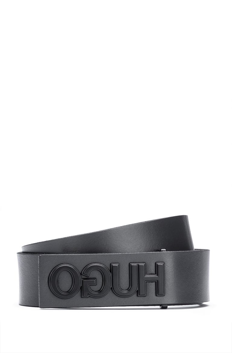 HUGO BOSS SMOOTH-LEATHER BELT WITH GUNMETAL-EFFECT REVERSED LOGO